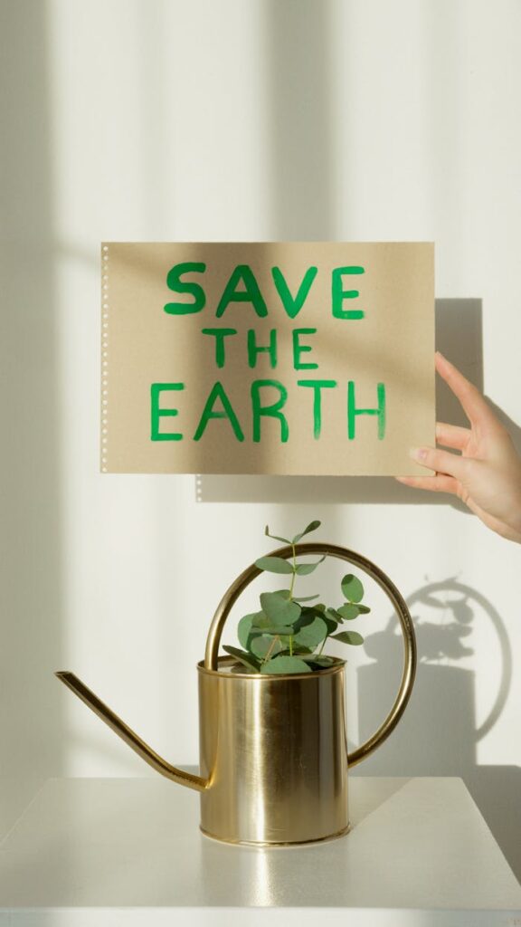 A hand holds a sign reading 'SAVE THE EARTH' above a brass watering can with a eucalyptus plant on a white background.