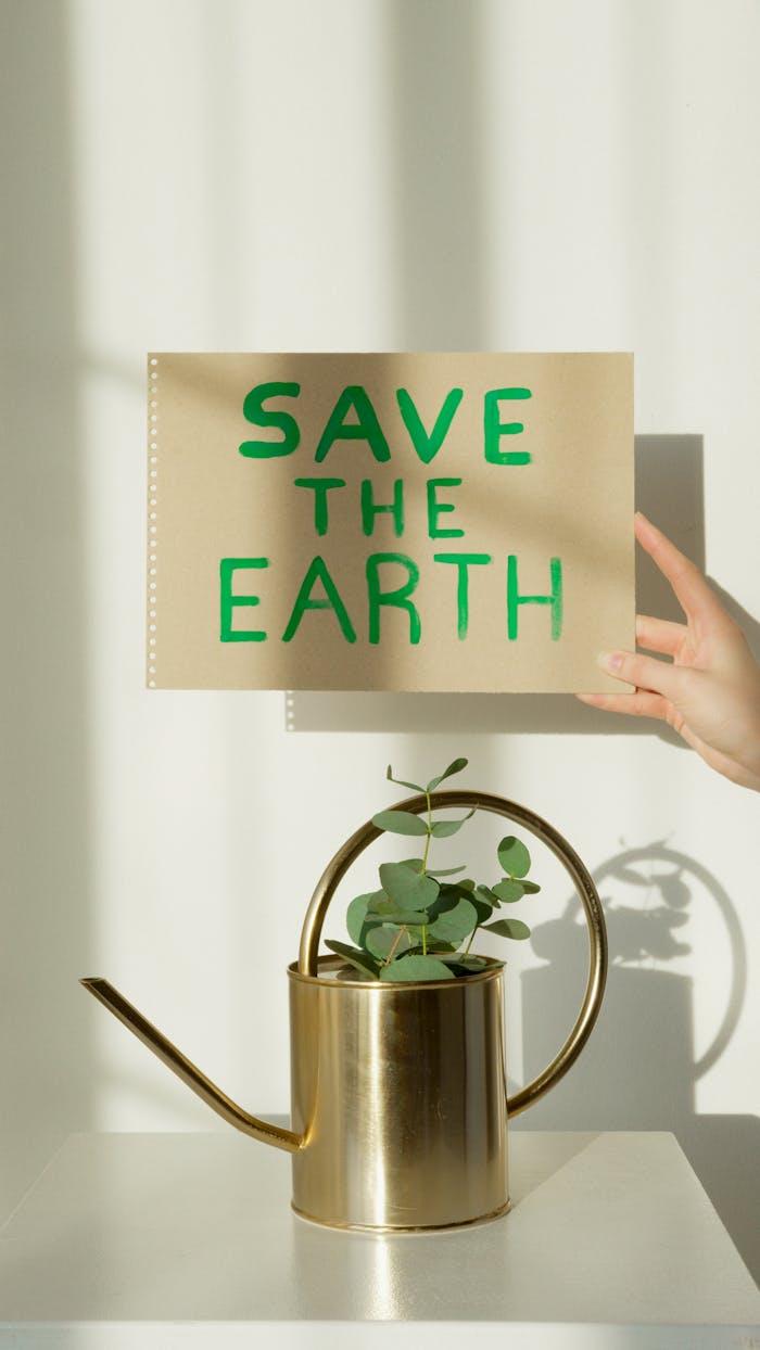 Mastering the First Impression: Your intriguing post title goes here A hand holds a sign reading 'SAVE THE EARTH' above a brass watering can with a eucalyptus plant on a white background.